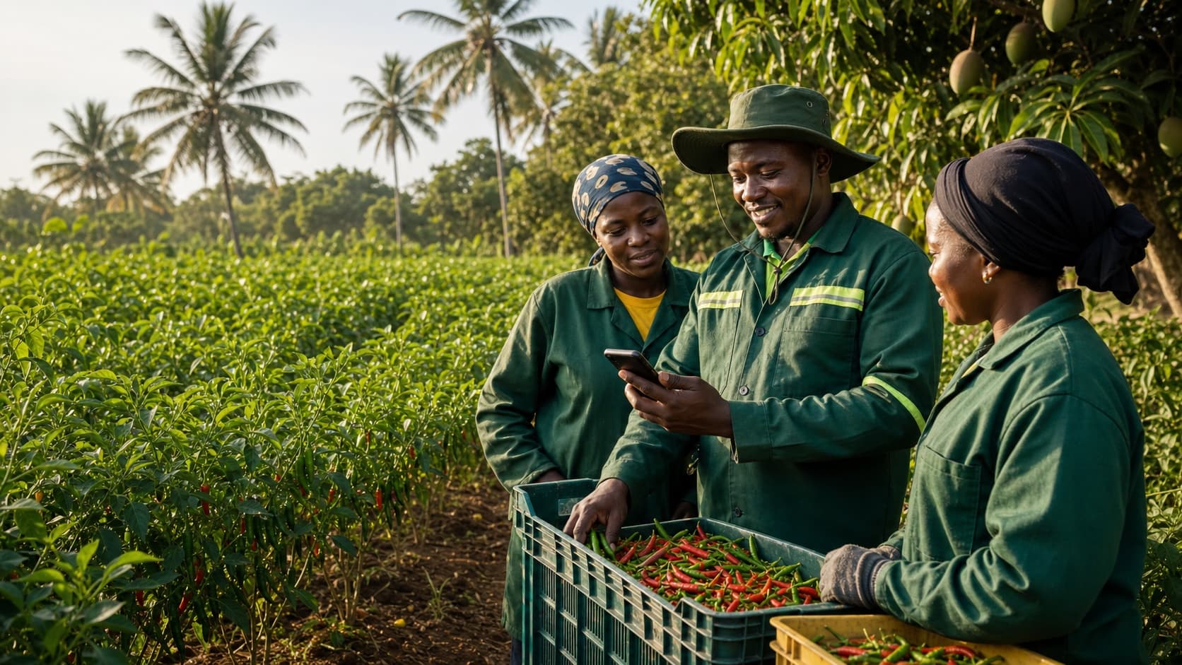 Kenyan chilli harvest team reviewing ShambaBoy field tasks