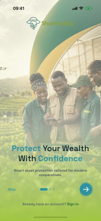 ShambaBoy welcome screen reading Protect Your Wealth With Confidence, with Skip and Sign in options.