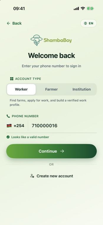 Welcome back screen with account type selector and the phone number 710000016 entered.