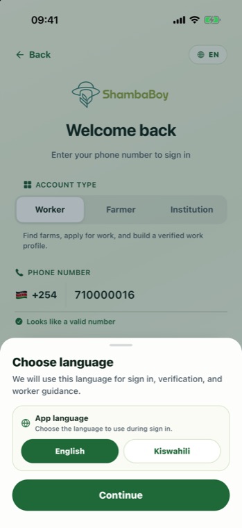 Choose language sheet offering English or Kiswahili.
