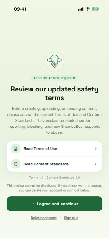 Review our updated safety terms screen with Read Terms of Use and I agree and continue.