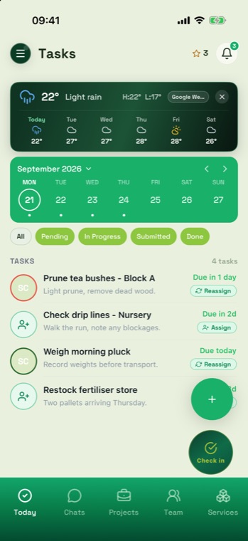 Manager task list for Kiambu Tea Estate showing five varied tasks with Assign and Reassign chips.
