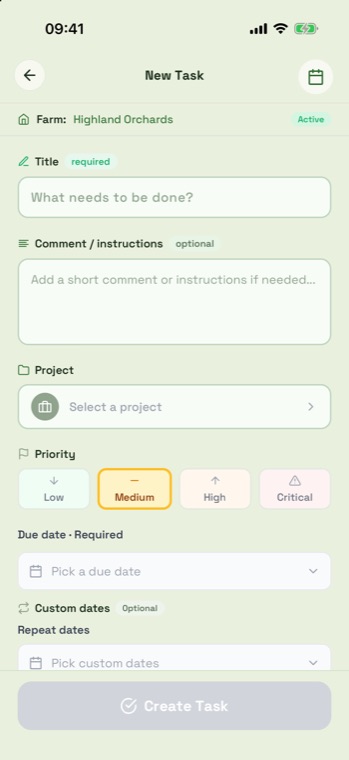 Blank New Task form showing Title, Comment, Project, Priority and Due date fields.