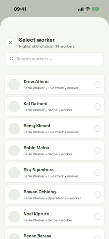 Select worker sheet listing 14 workers on Highland Orchards with their departments.