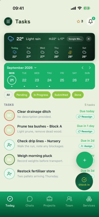 Task list with Clear drainage ditch now showing the SC avatar and a Reassign chip.