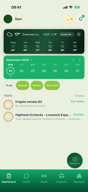 Worker dashboard for Sam showing two tasks, Irrigate tomato B2 due today.