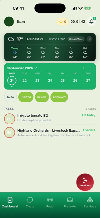 Worker dashboard with a running shift timer in the header and the button now reading Check out.