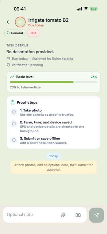 Task detail showing Assigned by Quinn Karanja, Verification pending, and a three-step proof checklist.