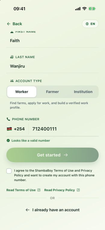 Get started form with first name Faith, last name Wanjiru, Worker account type, phone number and an unticked terms checkbox.