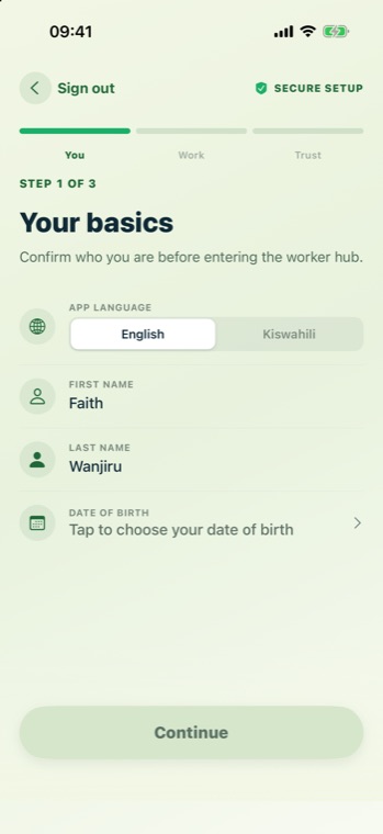 Wizard step 1 of 3, Your basics, showing app language, first name, last name and an empty date of birth row.