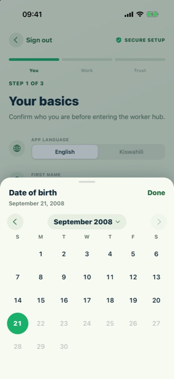 Date of birth calendar open on September 2008 with dates after the 21st greyed out.