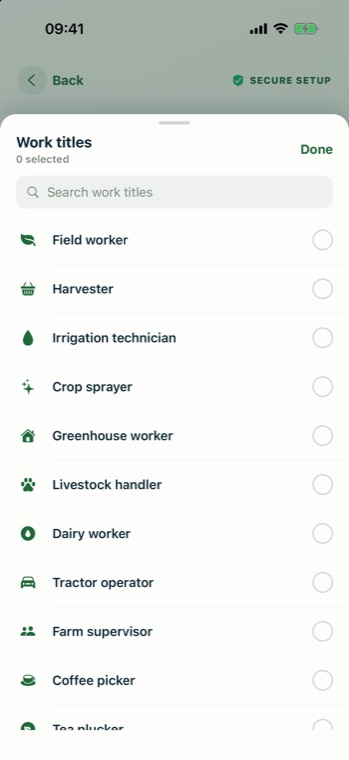Work titles multi-select list showing field worker, harvester, irrigation technician, crop sprayer and other farm roles.