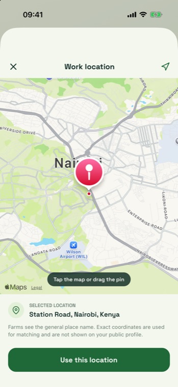 Work location map centred on Nairobi with a dropped pin reverse-geocoded to Station Road, Nairobi, Kenya.