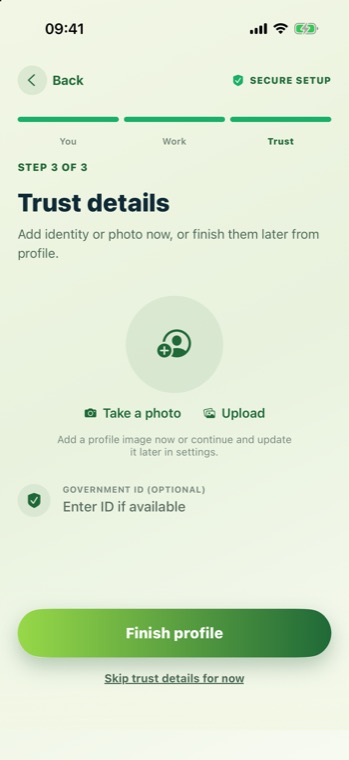 Wizard step 3 of 3, Trust details, offering a profile photo and an optional government ID.