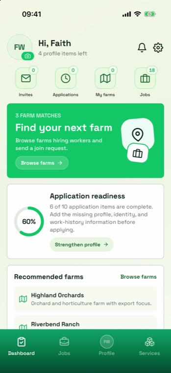 New worker dashboard showing Invites 0, Applications 0, My farms 0, Jobs 18, a Find your next farm banner and 60 percent application readiness.