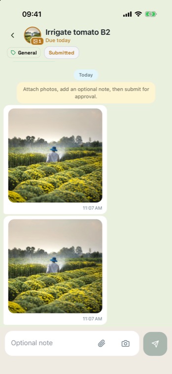 Task detail with the status chip reading Submitted and the proof photo posted in the thread with a timestamp.