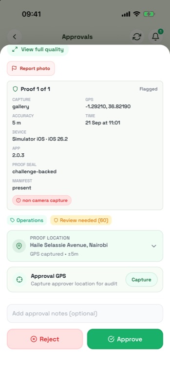 Lower half of the approval sheet with proof location, an Approval GPS capture button, an optional notes field, and Reject and Approve buttons.