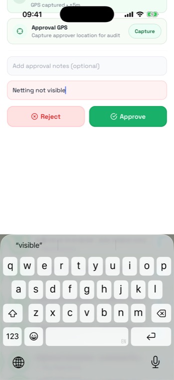 Approval sheet with a pink Reason for rejection field containing the text Netting not visible, above Reject and Approve buttons.