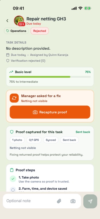 Worker task detail showing Rejected chip, an orange Manager asked for a fix card reading Netting not visible, and a Recapture proof button.