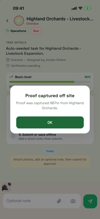 Dialog reading Proof captured off site, proof was captured 967 metres from Highland Orchards, with an OK button.