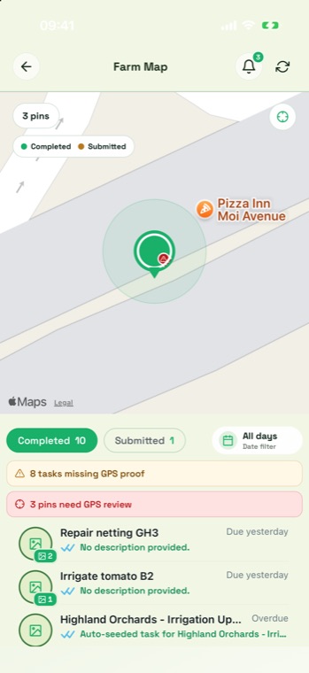 Farm Map screen showing a pin cluster, a Completed and Submitted legend, tabs reading Completed 10 and Submitted 1, and warnings about tasks missing GPS proof.