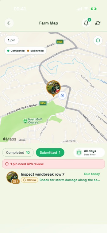 Farm map centred on Nyeri with a single amber proof-photo pin carrying a red warning badge, and a blue house icon marking the farm location.