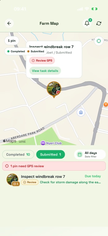 Map pin callout reading Inspect windbreak row 7 by Sam Chebet, Submitted, with Review GPS and View task details buttons.